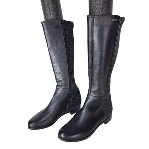 Hogl Black Leather Woven Mesh Stretch Knee-High Riding Boots H038 Goretex 7/8 US